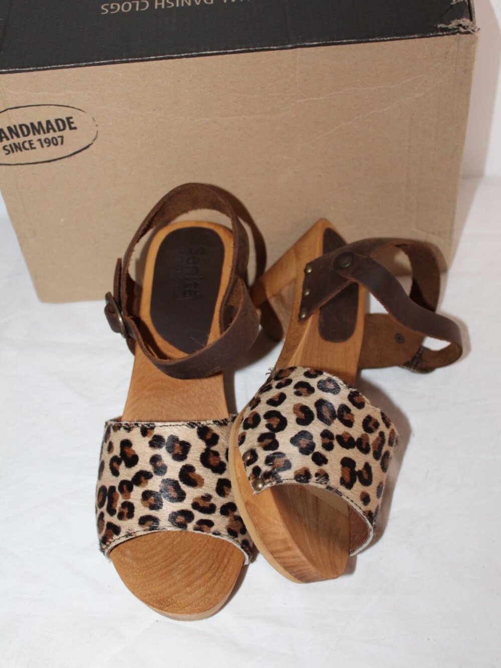 NWB SANITA Camilla Leopard Pony Hair Ankle Strap Clogs Sandals Shoes 40